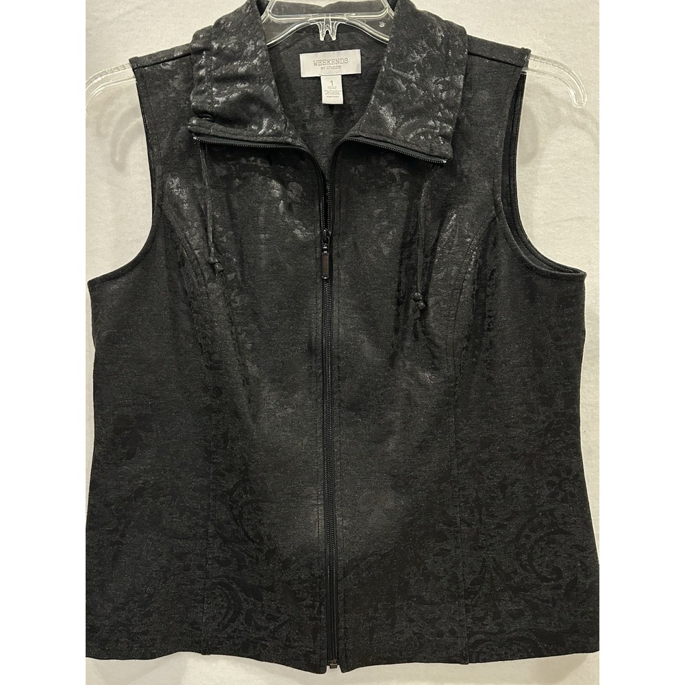 WEEKENDS By Chico's Women Size 1 (Medium) Zippered Sleeveless Black‎ Design Vest